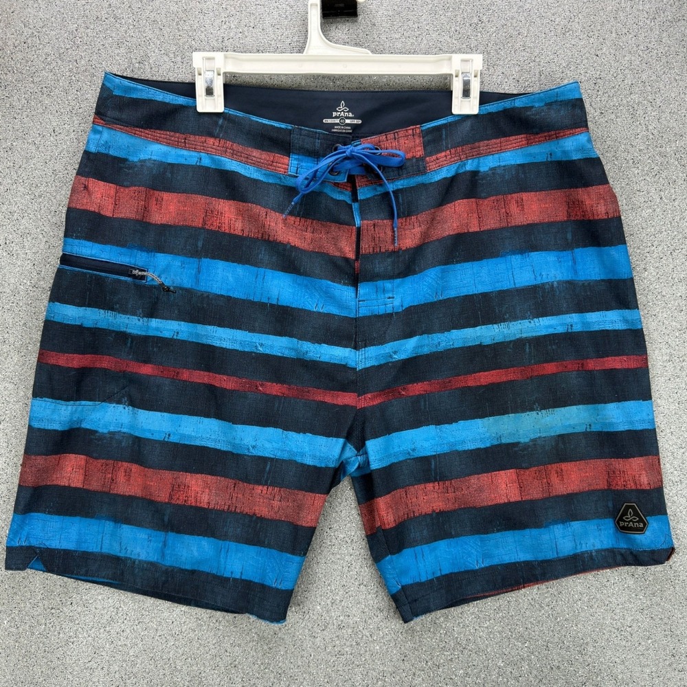 Prana Mens Striped Board Shorts Blue Red Size 40 UPF 50+ Stretch Swim Trunks